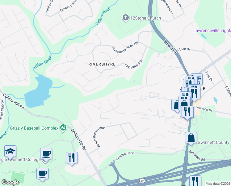 map of restaurants, bars, coffee shops, grocery stores, and more near 340 Victoria Station Boulevard Northeast in Lawrenceville