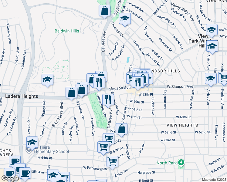 map of restaurants, bars, coffee shops, grocery stores, and more near 4628 West Slauson Avenue in View Park-Windsor Hills