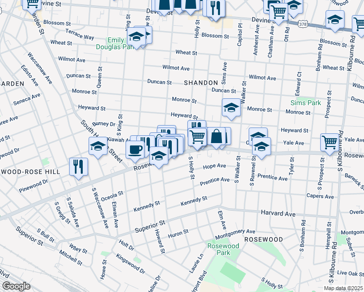 map of restaurants, bars, coffee shops, grocery stores, and more near 2901 Rosewood Drive in Columbia