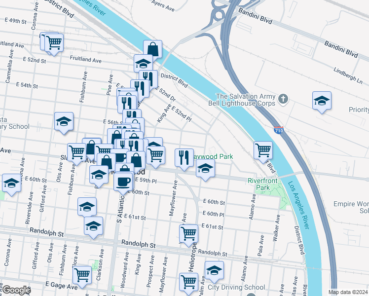 map of restaurants, bars, coffee shops, grocery stores, and more near 4710 East 57th Street in Maywood
