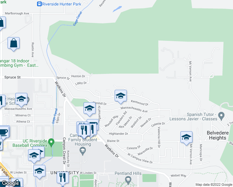 map of restaurants, bars, coffee shops, grocery stores, and more near 553 Spruce Street in Riverside