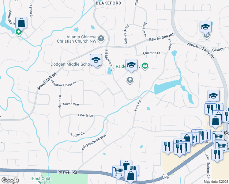 map of restaurants, bars, coffee shops, grocery stores, and more near 3755 Old College Way Northeast in Marietta