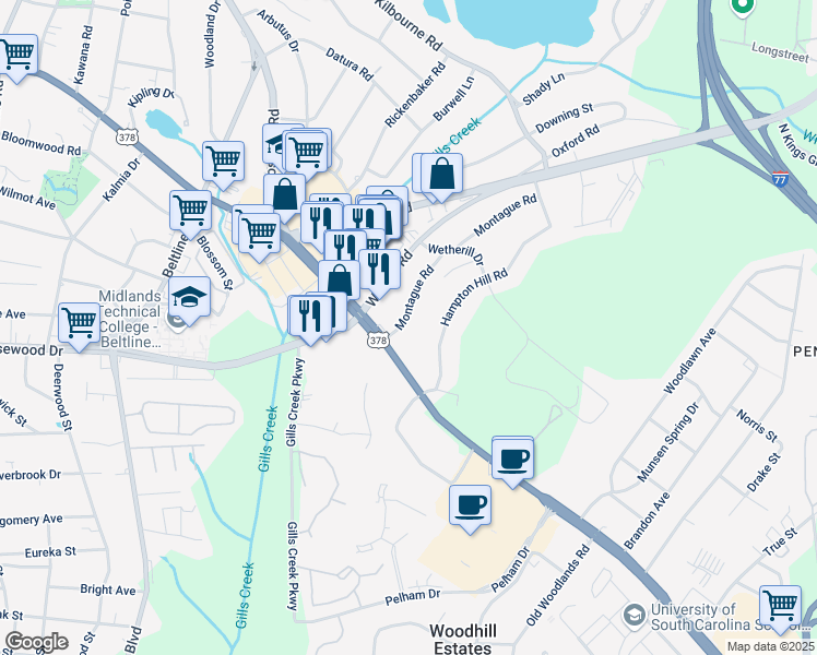 map of restaurants, bars, coffee shops, grocery stores, and more near 700 Montague Rd in Columbia