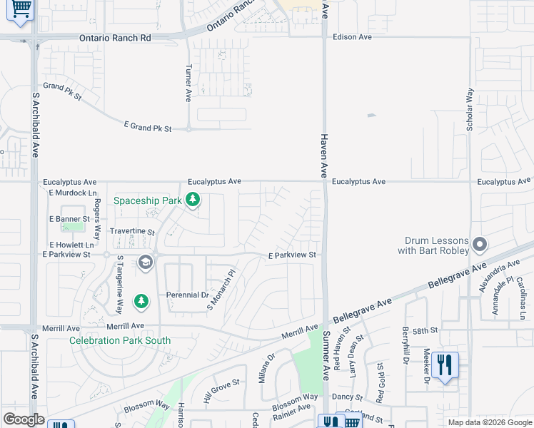 map of restaurants, bars, coffee shops, grocery stores, and more near 4703 South Aurora Avenue in Ontario