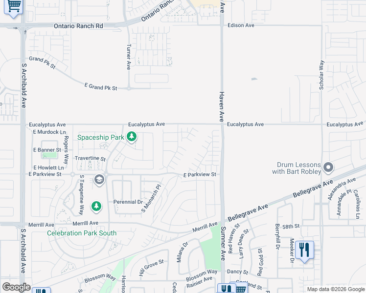 map of restaurants, bars, coffee shops, grocery stores, and more near South Aurora Avenue in Ontario