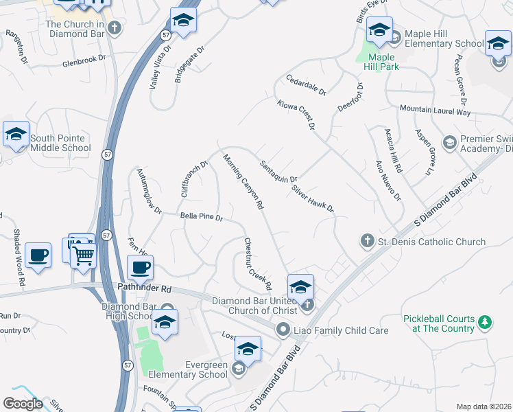 map of restaurants, bars, coffee shops, grocery stores, and more near 1817 Morning Canyon Road in Diamond Bar