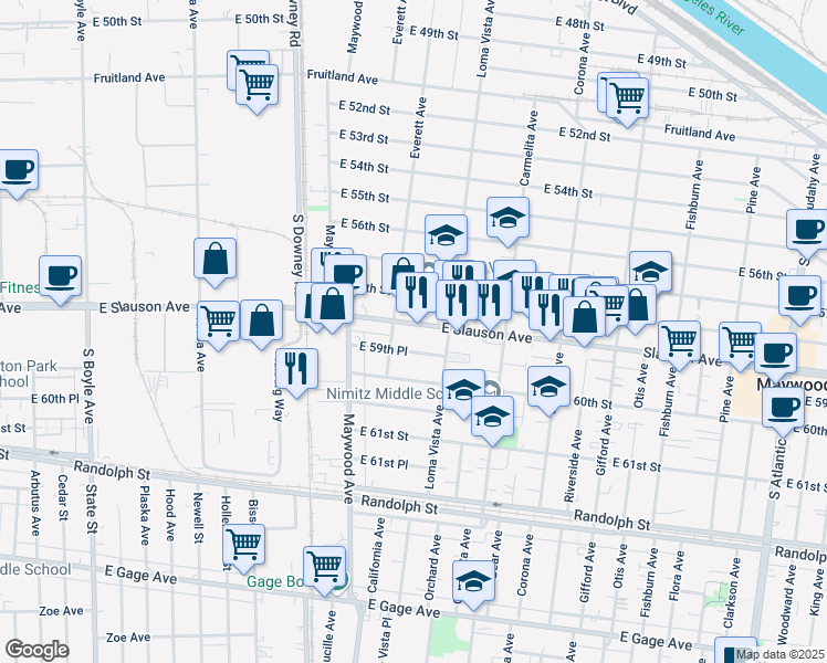 map of restaurants, bars, coffee shops, grocery stores, and more near 3622 Slauson Avenue in Maywood