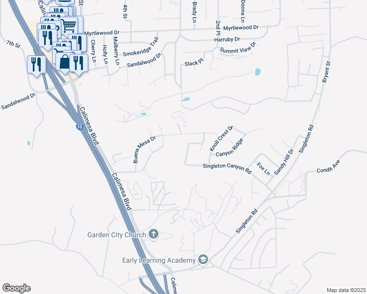 map of restaurants, bars, coffee shops, grocery stores, and more near 143 Parkview Drive in Calimesa