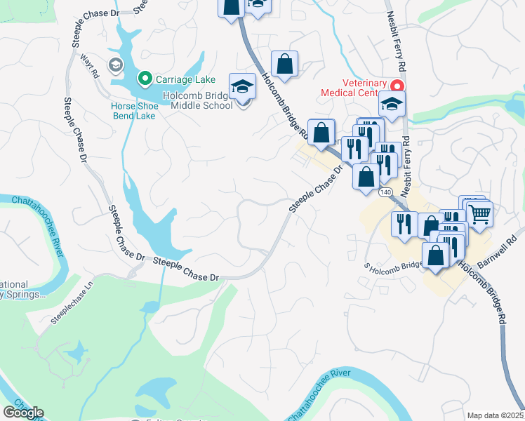 map of restaurants, bars, coffee shops, grocery stores, and more near 8595 Haven Wood Trail in Roswell