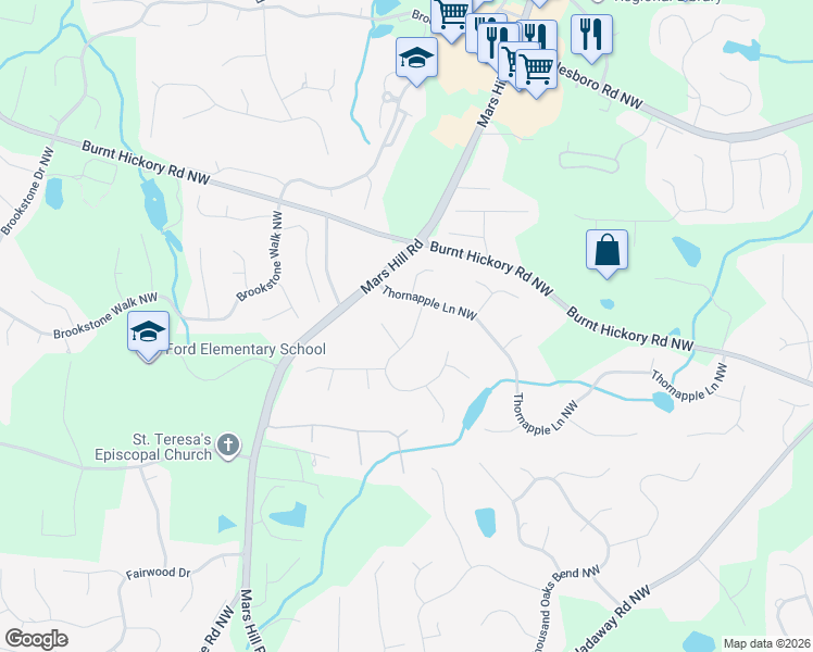 map of restaurants, bars, coffee shops, grocery stores, and more near 1377 Peppergrass Trail Northwest in Acworth