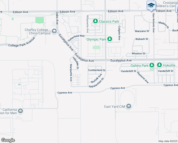 map of restaurants, bars, coffee shops, grocery stores, and more near 6161 Cumberland Street in Chino