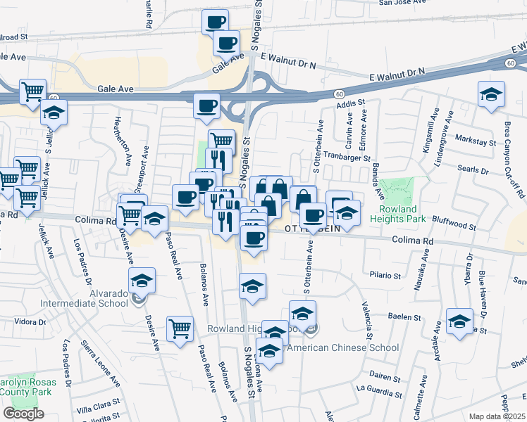 map of restaurants, bars, coffee shops, grocery stores, and more near 19035 Colima Road in Rowland Heights