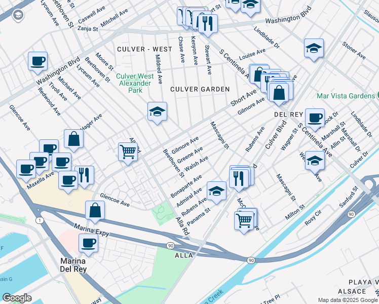 map of restaurants, bars, coffee shops, grocery stores, and more near 12821 Greene Avenue in Los Angeles