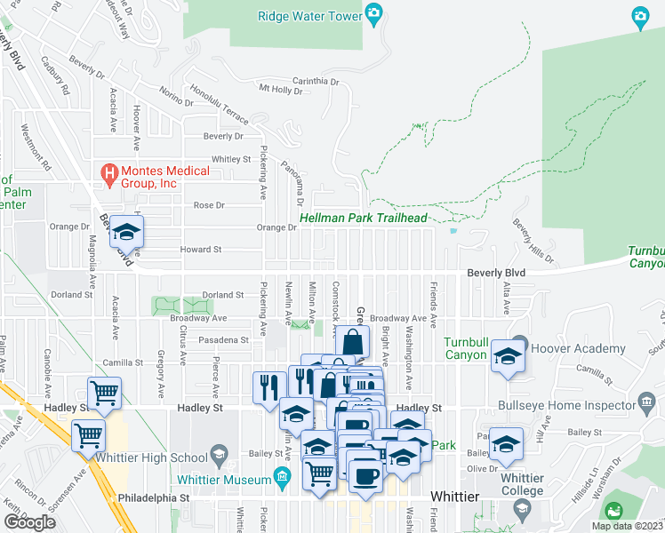 map of restaurants, bars, coffee shops, grocery stores, and more near 5853 Comstock Avenue in Whittier