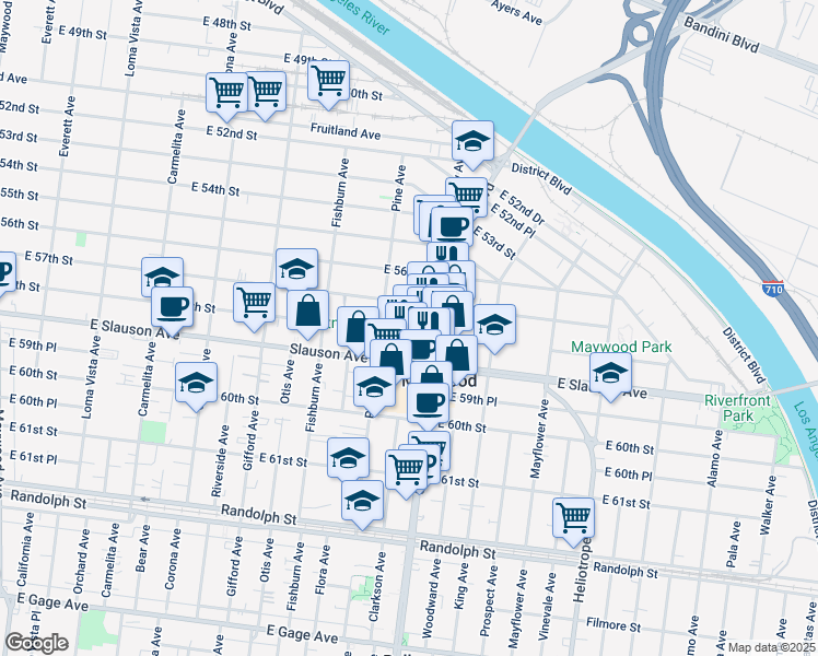 map of restaurants, bars, coffee shops, grocery stores, and more near 4429 East 58th Street in Maywood