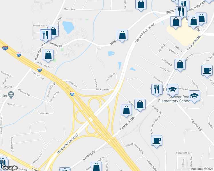 map of restaurants, bars, coffee shops, grocery stores, and more near 1533 Dickson Drive in Marietta