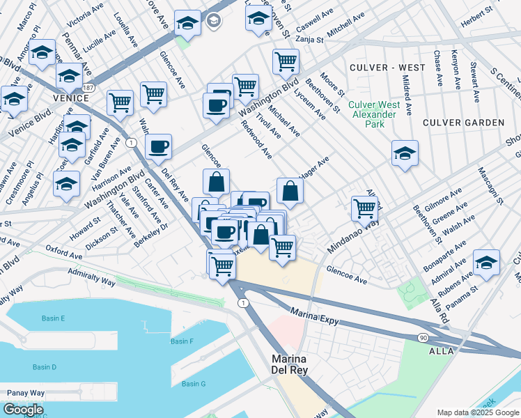 map of restaurants, bars, coffee shops, grocery stores, and more near 4212 1/2 Glencoe Avenue in Marina del Rey