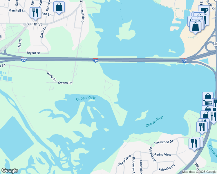 map of restaurants, bars, coffee shops, grocery stores, and more near 109 Waterford Place in Gadsden