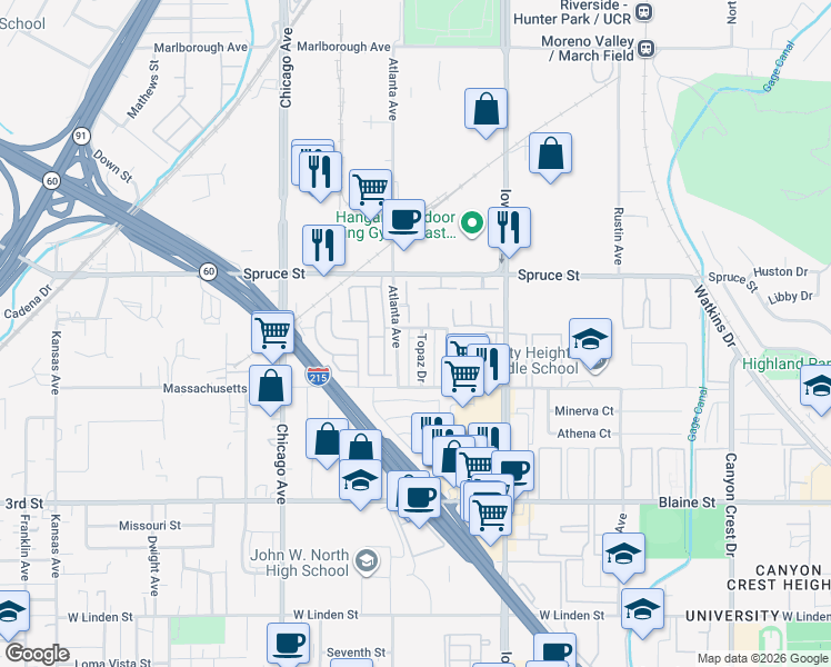 map of restaurants, bars, coffee shops, grocery stores, and more near 2621 Topaz Drive in Riverside