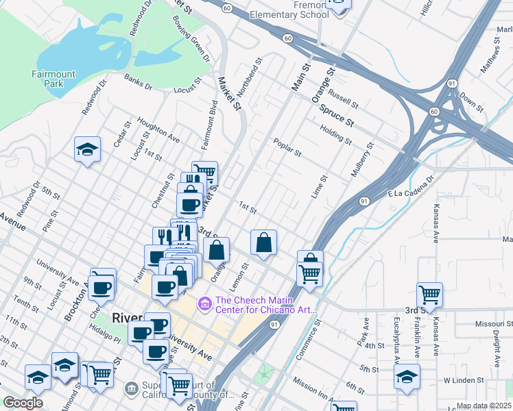 map of restaurants, bars, coffee shops, grocery stores, and more near 3628 1st Street in Riverside