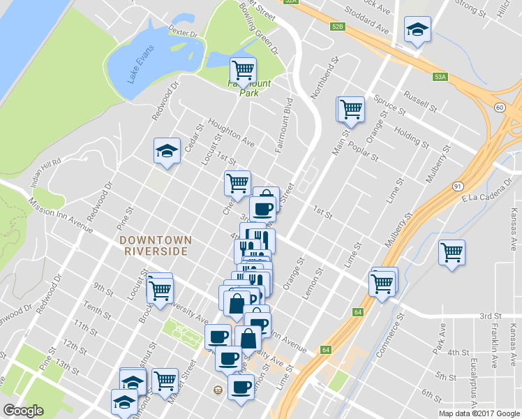 map of restaurants, bars, coffee shops, grocery stores, and more near 3239 Fairmount Boulevard in Riverside