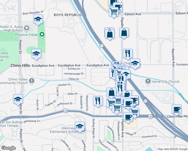 map of restaurants, bars, coffee shops, grocery stores, and more near 3887 Bryce Court in Chino