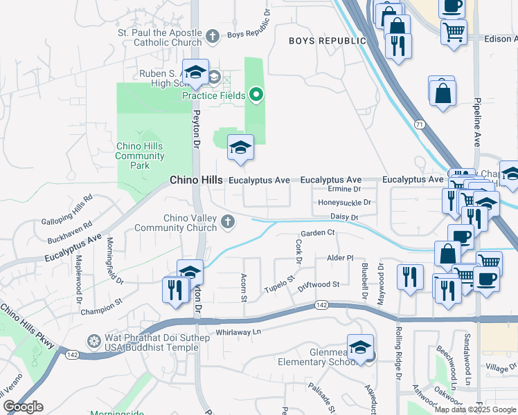 map of restaurants, bars, coffee shops, grocery stores, and more near 3499 Honeysuckle Avenue in Chino Hills