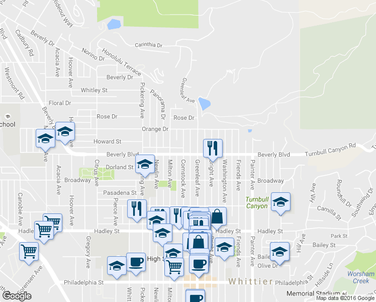 map of restaurants, bars, coffee shops, grocery stores, and more near 5849 Greenleaf Avenue in Whittier