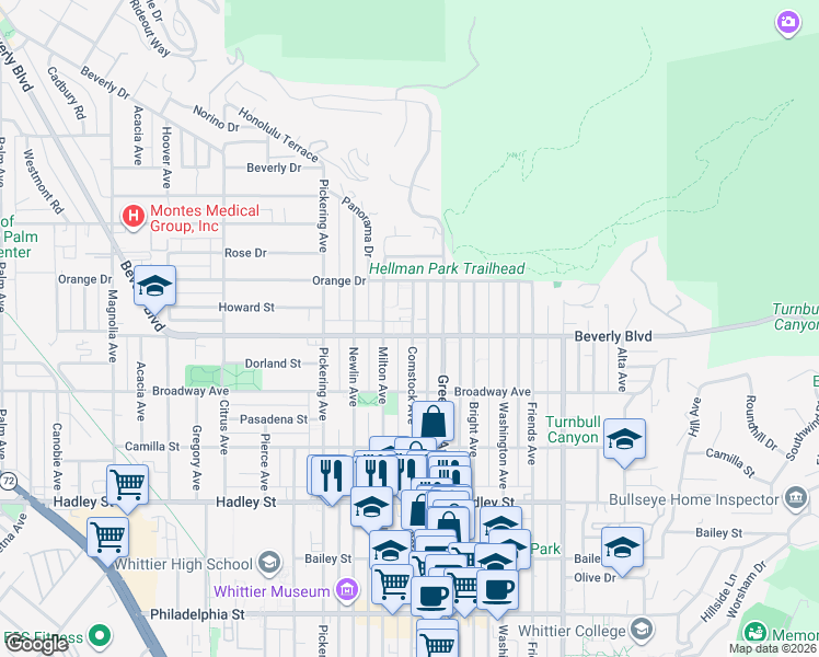 map of restaurants, bars, coffee shops, grocery stores, and more near 5849 Greenleaf Avenue in Whittier
