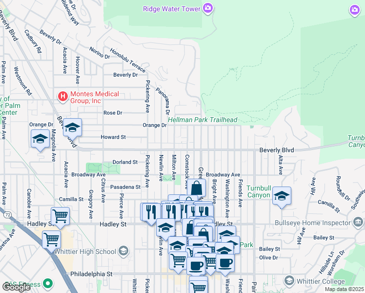 map of restaurants, bars, coffee shops, grocery stores, and more near 5850 Milton Avenue in Whittier