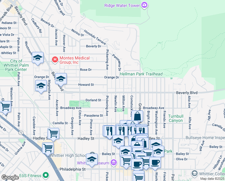 map of restaurants, bars, coffee shops, grocery stores, and more near 5847 Newlin Avenue in Whittier
