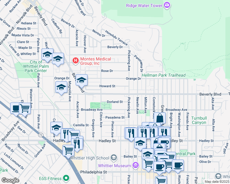 map of restaurants, bars, coffee shops, grocery stores, and more near 12407 Beverly Boulevard in Whittier