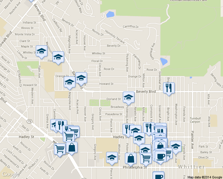 map of restaurants, bars, coffee shops, grocery stores, and more near 12407 Beverly Boulevard in Whittier