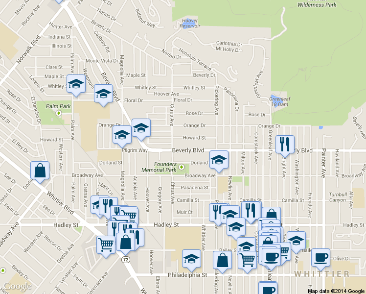 map of restaurants, bars, coffee shops, grocery stores, and more near 12313 Beverly Boulevard in Whittier