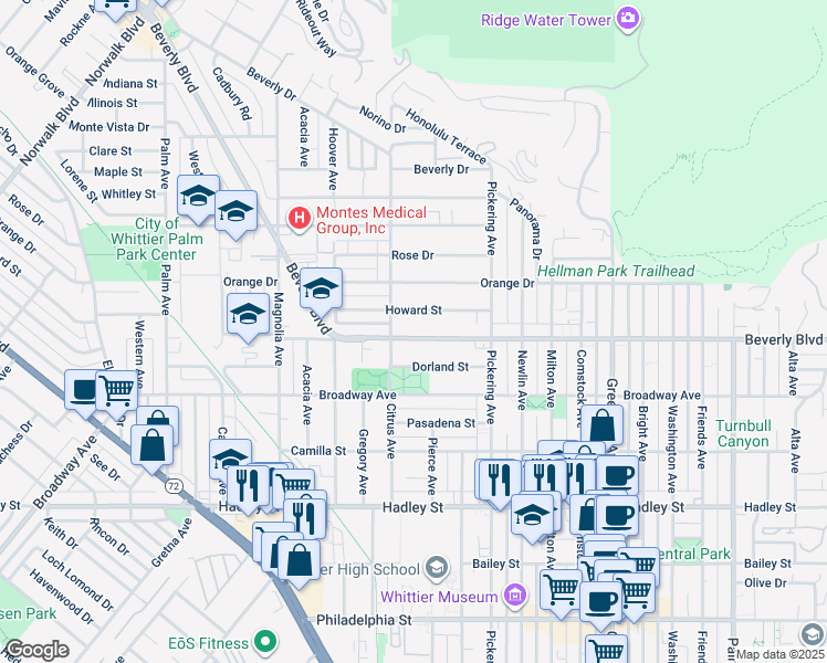 map of restaurants, bars, coffee shops, grocery stores, and more near 12313 Beverly Boulevard in Whittier