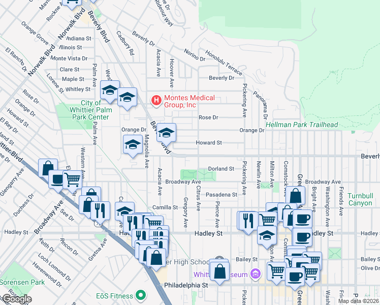 map of restaurants, bars, coffee shops, grocery stores, and more near 12129 Beverly Boulevard in Whittier
