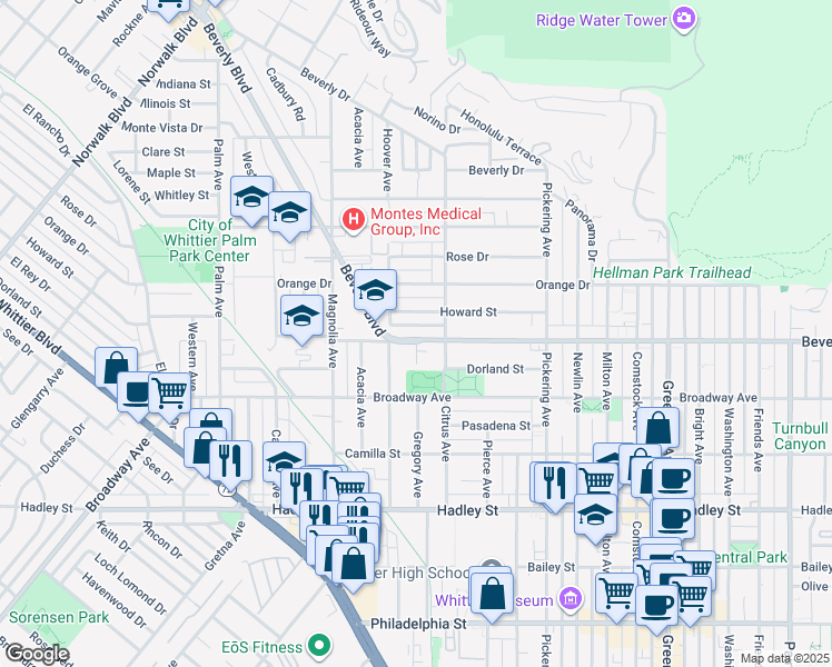 map of restaurants, bars, coffee shops, grocery stores, and more near 12129 Beverly Boulevard in Whittier