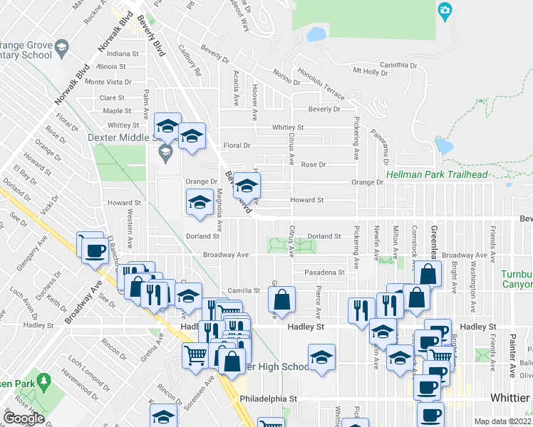 map of restaurants, bars, coffee shops, grocery stores, and more near 12129 Beverly Boulevard in Whittier