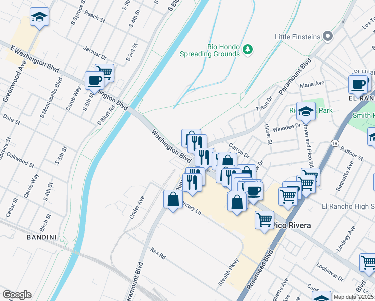 map of restaurants, bars, coffee shops, grocery stores, and more near 8302 Goodbee Street in Pico Rivera