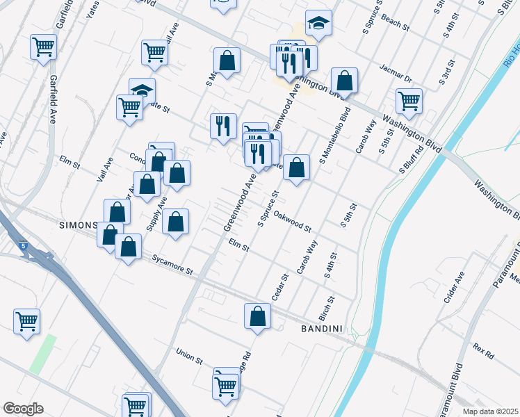 map of restaurants, bars, coffee shops, grocery stores, and more near 909 Oakwood Street in Montebello