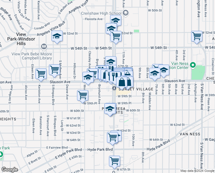map of restaurants, bars, coffee shops, grocery stores, and more near 3429 West 58th Place in Los Angeles