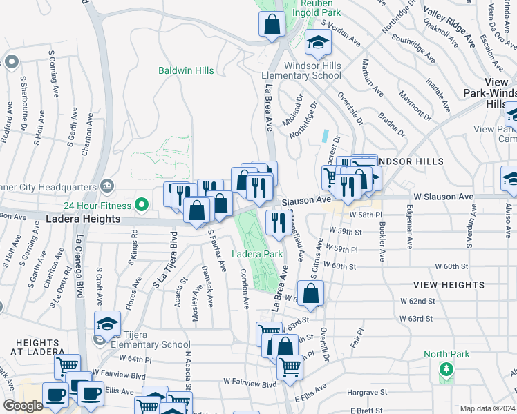 map of restaurants, bars, coffee shops, grocery stores, and more near 4714 West Slauson Avenue in View Park-Windsor Hills