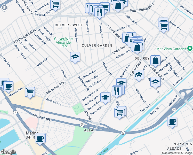 map of restaurants, bars, coffee shops, grocery stores, and more near 12722 Greene Avenue in Los Angeles