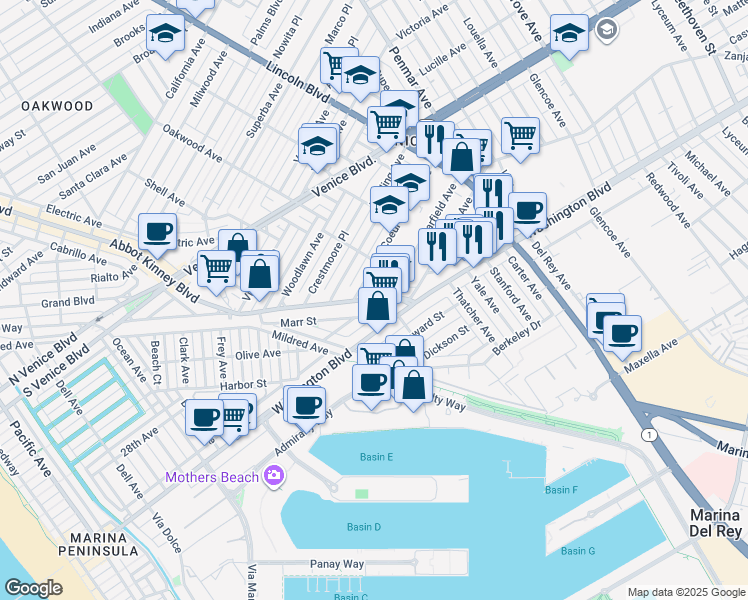 map of restaurants, bars, coffee shops, grocery stores, and more near 2724 Abbot Kinney Boulevard in Los Angeles