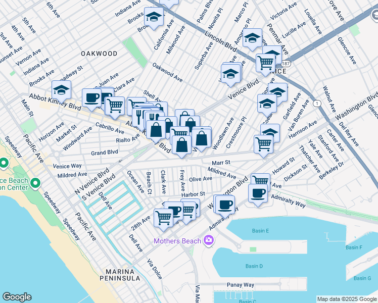map of restaurants, bars, coffee shops, grocery stores, and more near 513 Victoria Avenue in Los Angeles