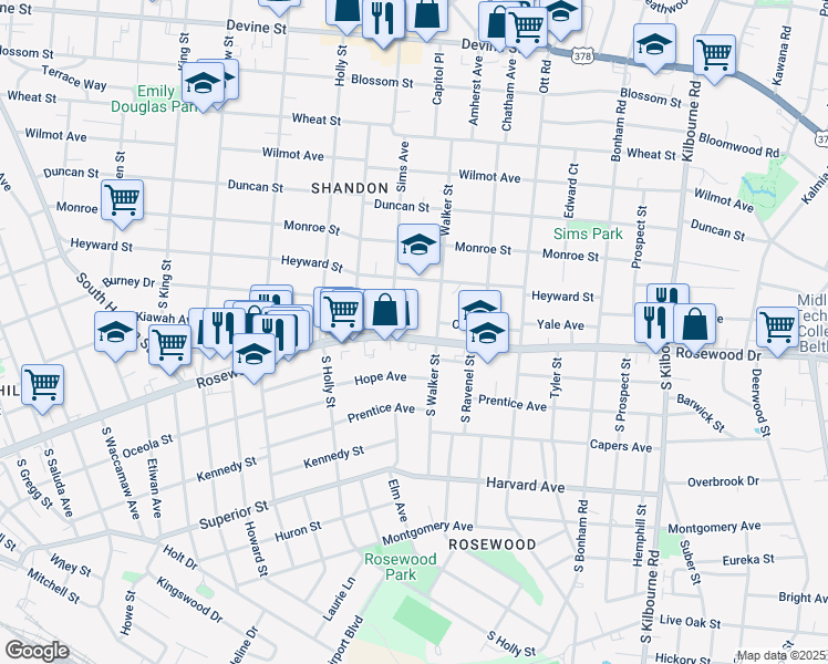 map of restaurants, bars, coffee shops, grocery stores, and more near 3119 Rosewood Drive in Columbia