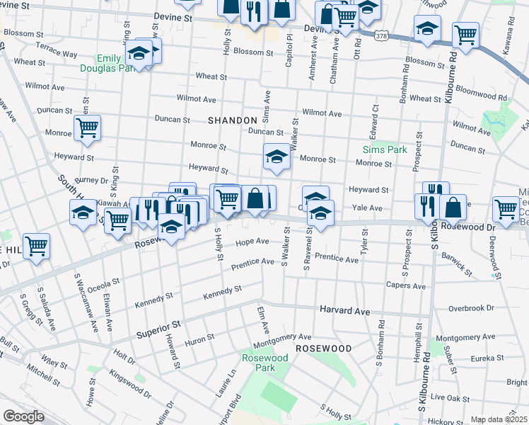 map of restaurants, bars, coffee shops, grocery stores, and more near 3119 Rosewood Drive in Columbia