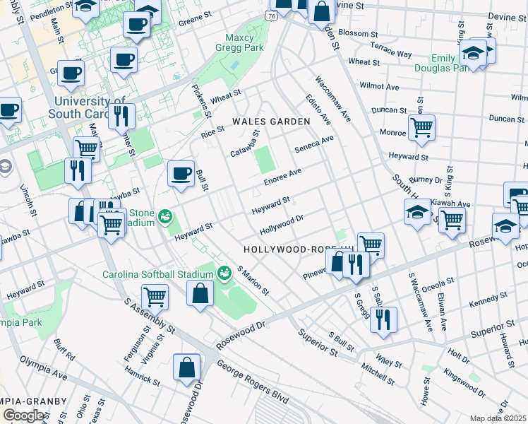 map of restaurants, bars, coffee shops, grocery stores, and more near 1612 Heyward Street in Columbia