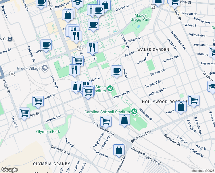 map of restaurants, bars, coffee shops, grocery stores, and more near 1300 Whaley Street in Columbia