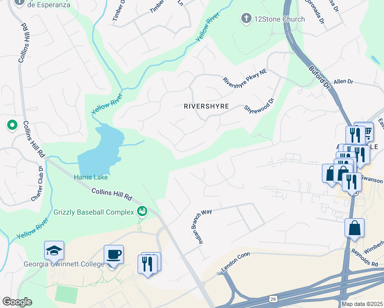 map of restaurants, bars, coffee shops, grocery stores, and more near 1130 Lochshyre Way in Lawrenceville
